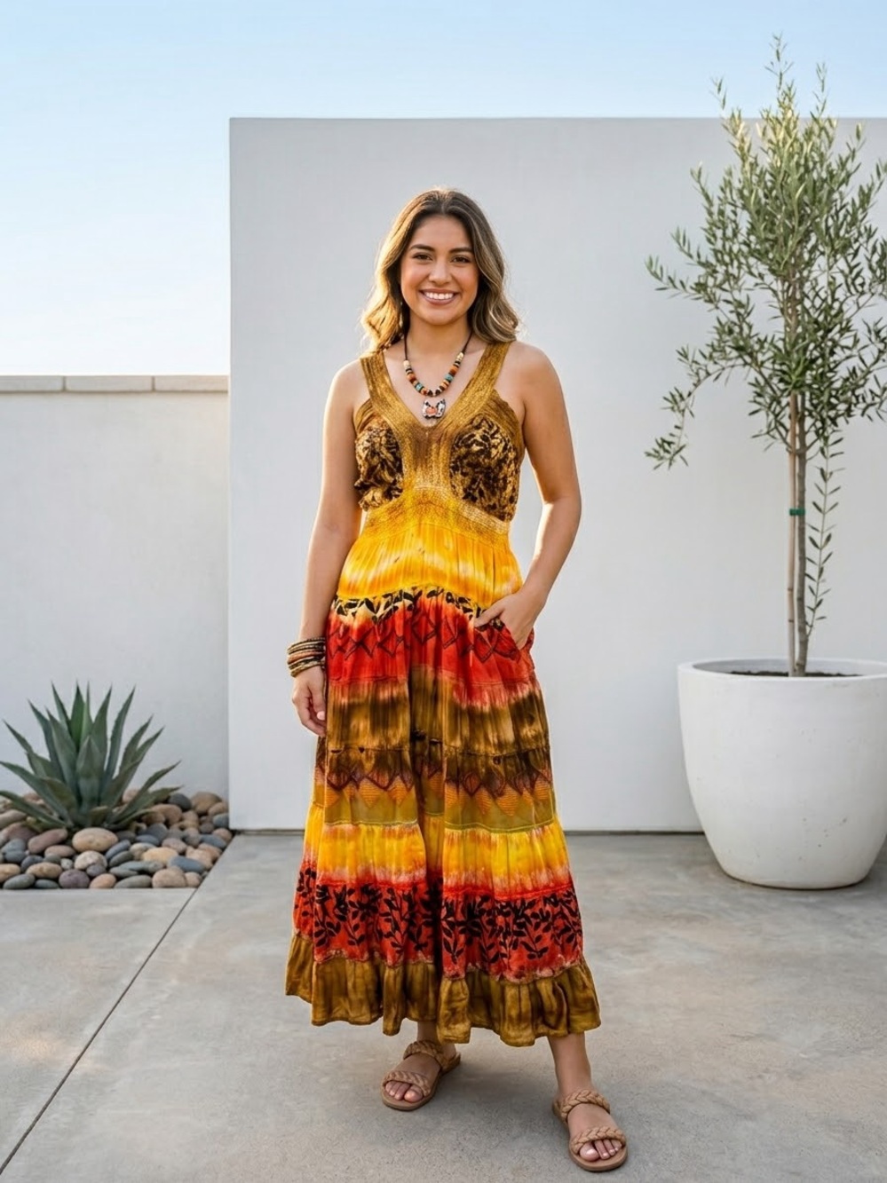 Sol y2k Bohemian Tie-Dye Maxi Dress in Yellow & Red Sz small
